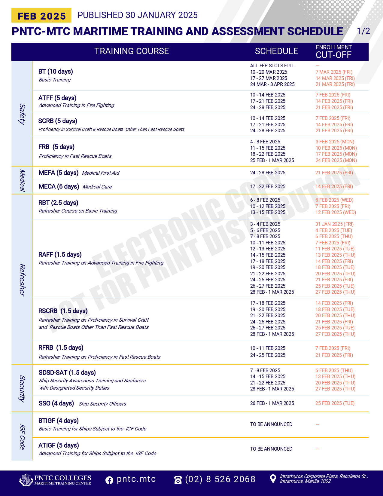 PNTC training and assessment schedule february 2025