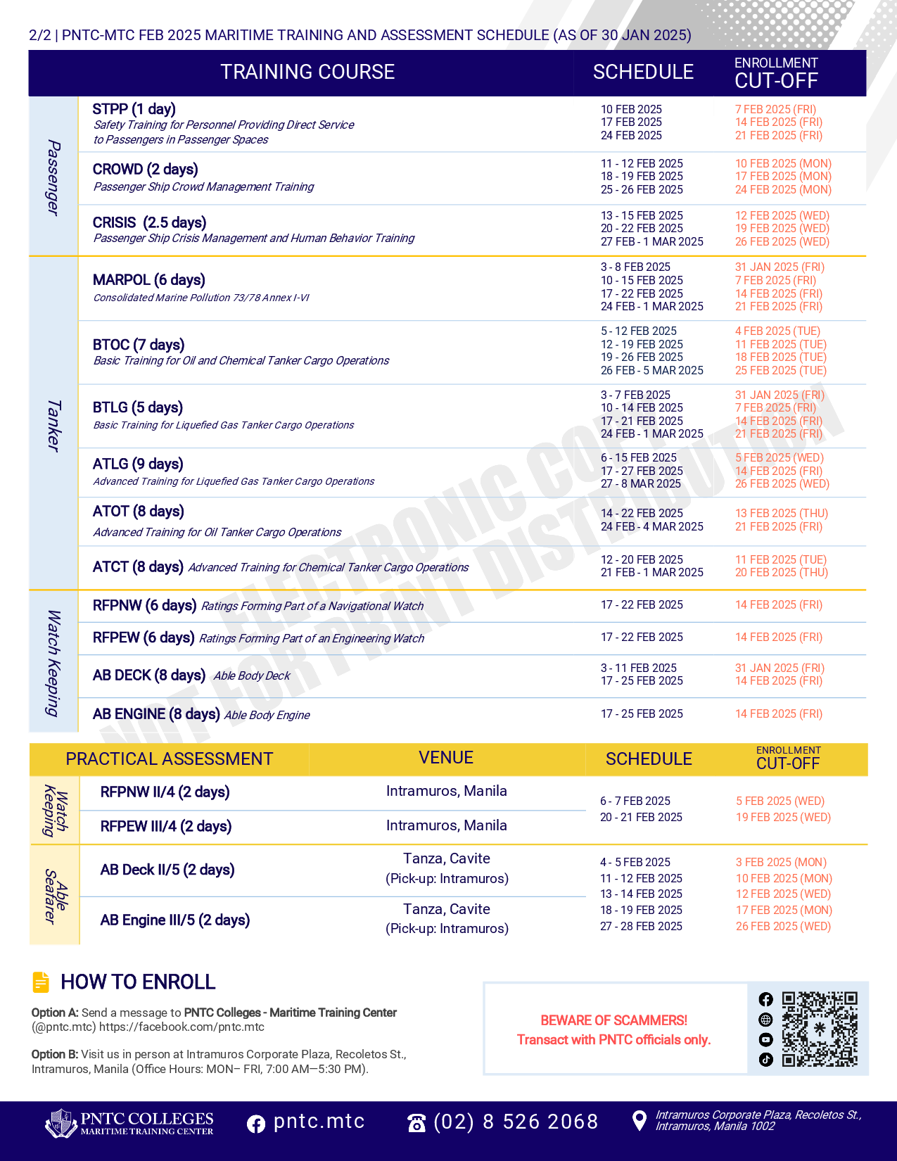 PNTC training and assessment schedule february 2025